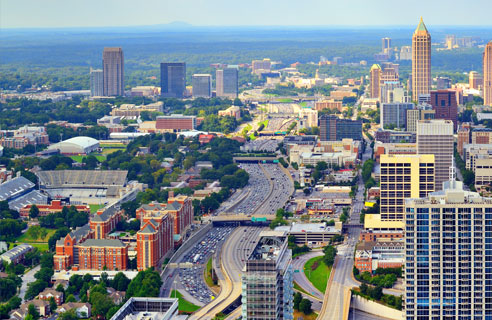 Aerial view of Georgia Tech's campus and midtown Atlanta