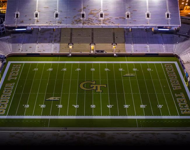 An overhead view of Bobby Dodd Stadium at Hyundai Field at night.