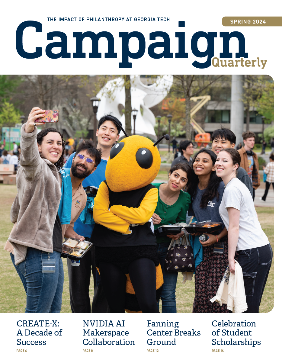 Cover of campaign quarterly spring 2024 with photo of Buzz mascot and students taking selfies