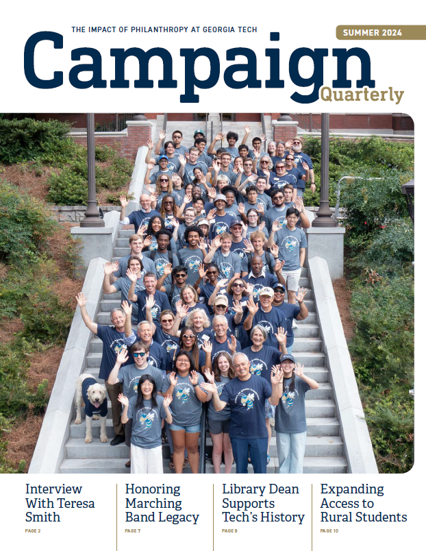 cover of Summer 2024 Campaign Quarterly with students, staff, and donors on the steps in front of Tech Tower waving at the camera