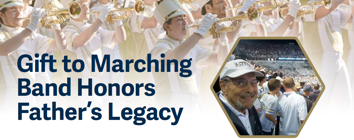 text displayed Gift to Marching Band Honors Father's Legacy with background image of marching band trumpet section and forefront an image of Nacht in a GT hat