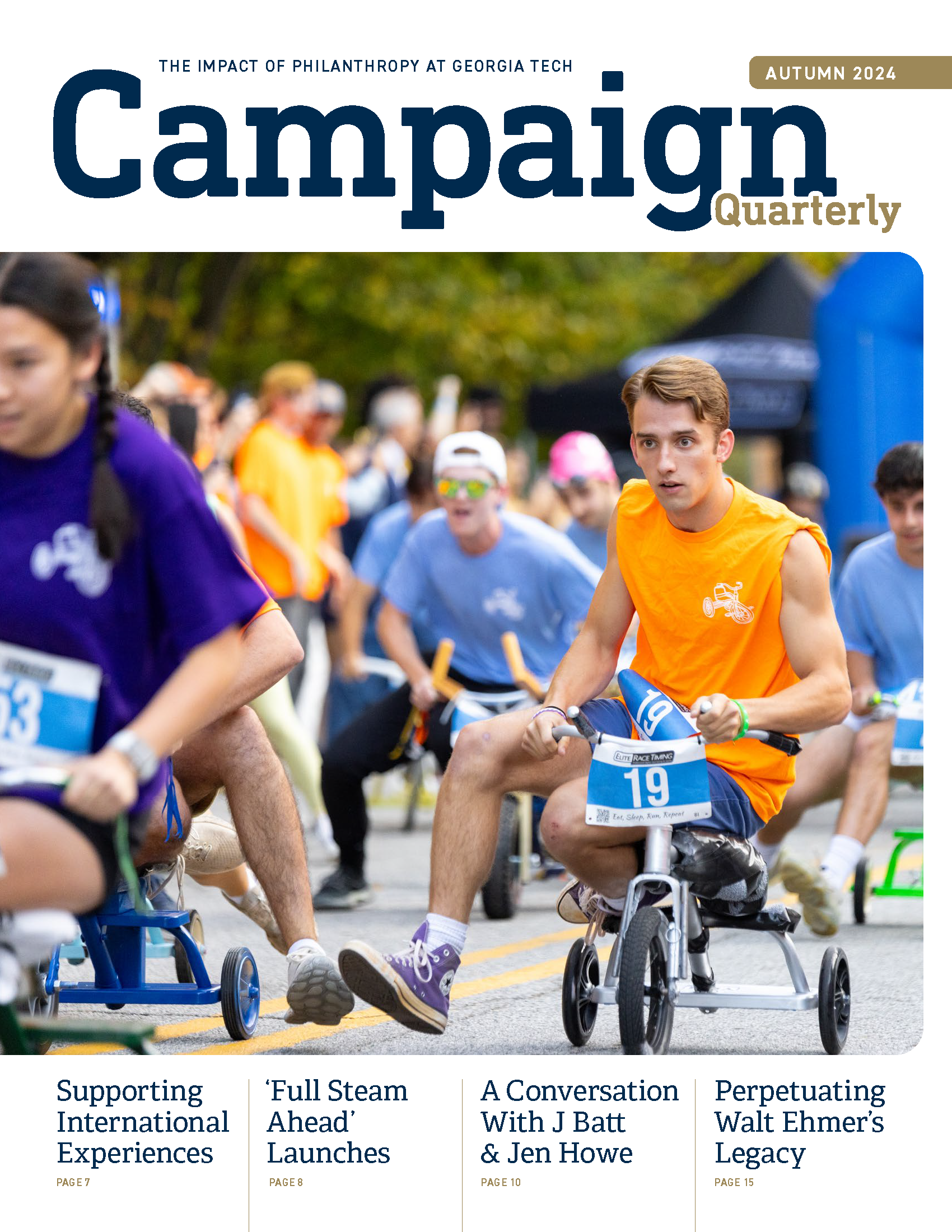 cover of Autumn 2024 Campaign Quarterly with students racing in the Mini 500 tricycle race